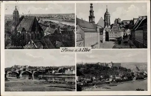 Ak Pirna an der Elbe, Marienkirche, Stadt, Marktplatz, Schloss Sonnenstein, Elbbrücke