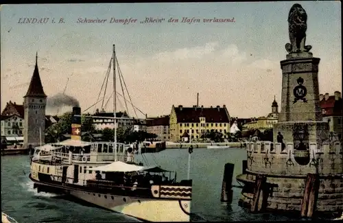 Ak Lindau am Bodensee Schwaben, Schweizer Dampfer Rhein den Hafen verlassend, Löwenstatue