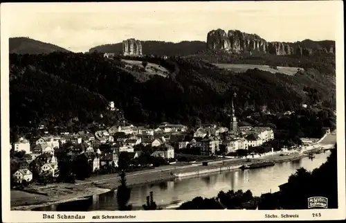 Ak Bad Schandau an der Elbe, Flusspartie, Ortschaft, Schrammsteine