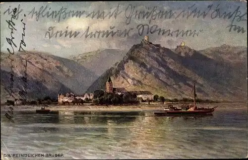 Künstler Ak Astudin, N., Bornhofen Rhein, Die feindlichen Brüder, Burg Liebenstein, Burg Sterrenberg