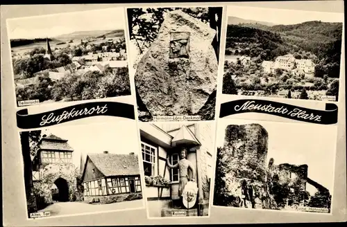 Ak Neustadt im Harz, Hermann Löns Denkmal, Roland, Altes Tor, Kurheim, Teilansicht