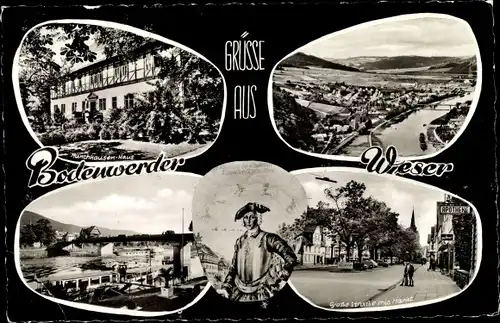 Ak Bodenwerder an der Weser, Münchhausen Haus, Teilansicht, Große Straße, Weserpartie