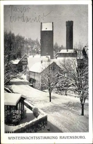 Ak Ravensburg in Württemberg Oberschwaben, Ortsansicht, Winternachtsstimmung