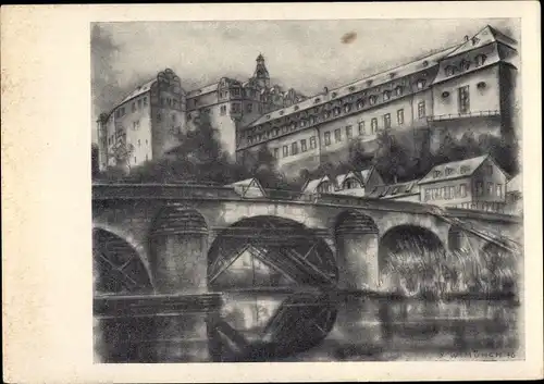 Künstler Ak J. W. Münch, Weilburg an der Lahn Hessen, Schloss mit Brücke