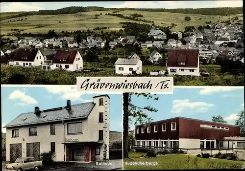 Ak Grävenwiesbach im Taunus, Gesamtansicht, Rathaus, Jugendherberge