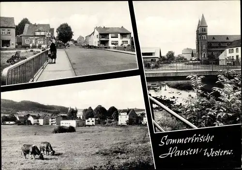 Ak Hausen Waldbrunn Westerwald, Teilansicht, Brücke mit Kirche, Straßenpartie