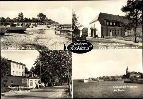 Ak Ostseebad Ahrenshoop Fischland, Strand, Dierhagen FDGB Heim Ernst Moritz Arndt, Wustrow Hafen