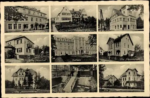 Ak Karlovy Vary Karlsbad Stadt, Villa Hubertus, Waldschlößchen, Quelle, Kurhaus, Villa Freundschaft