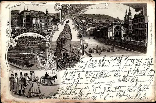 Litho Karlovy Vary Karlsbad Stadt, Kaiserbad, Etablissement Pupp, Sprudelkolonnade