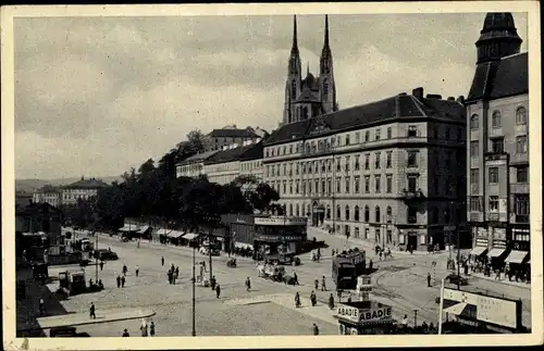 Ak Brno Brünn Südmähren, Blick vom Bahnhof, Straßenbahn