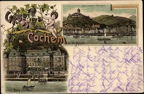 Litho Cochem an der Mosel, Hotel Pauly Nachfolger, Burg, Blick auf den Ort