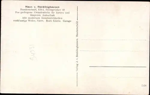 Ak Manderscheid in der Eifel, Haus von Recklinghausen, Fremdenheim, Innenansicht, Auto