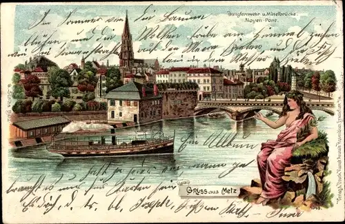 Litho Metz Moselle, Jungfernwehr und Mittelbrücke