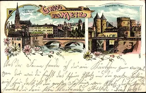 Litho Metz Moselle, Jungfernwehr und Mittelbrücke, Deutsches Tor