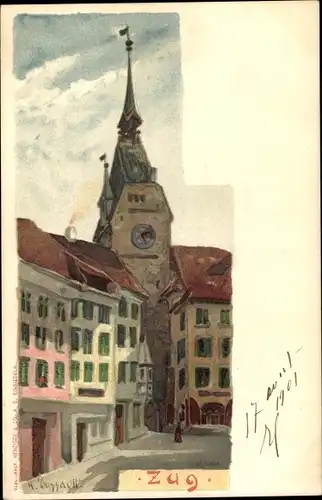 Künstler Litho Dussault, Zug Stadt Schweiz, Blick auf den Zeitturm, Uhrenturm