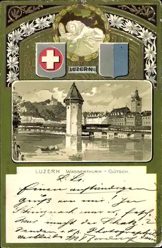 Präge Wappen Ak Luzern Stadt Schweiz, Wasserturm, Gütsch