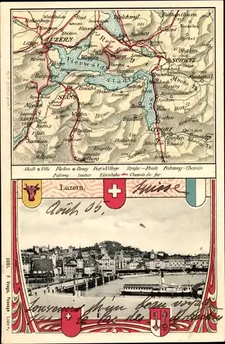 Landkarten Ak Luzern Stadt Schweiz, Wappen, Stadtansicht, Brücke