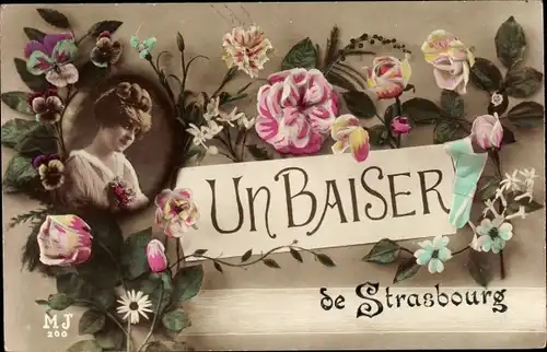 Ak Strasbourg Straßburg Elsass Bas Rhin, Un Baiser, Blumen, Rosen, Frau-Portrait
