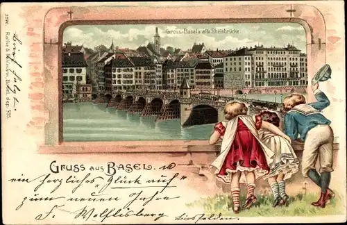 Passepartout Litho Basel Stadt, Gross Basel, alte Rheinbrücke