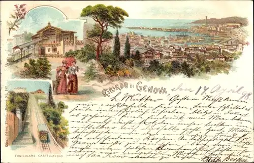 Litho Genova Genua Liguria, Gesamtansicht, Funicolare Castellaccio