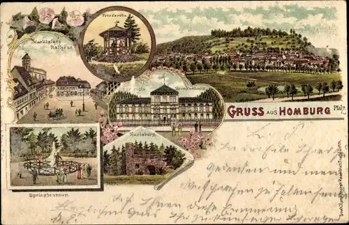 Litho Homburg in der Pfalz Saarland, Karlsburg, Krankenhaus, Friedaruhe, Rathaus, Marktplatz