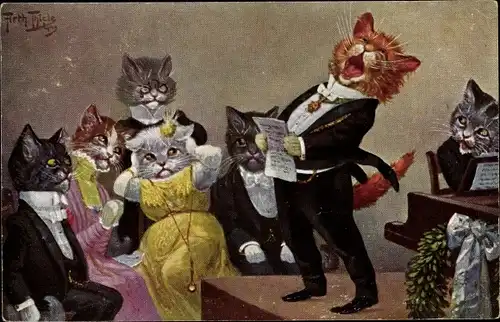 Künstler Ak Thiele, Arthur, Vermenschlichte Katzen, Sänger, Frau hält sich die Ohren zu