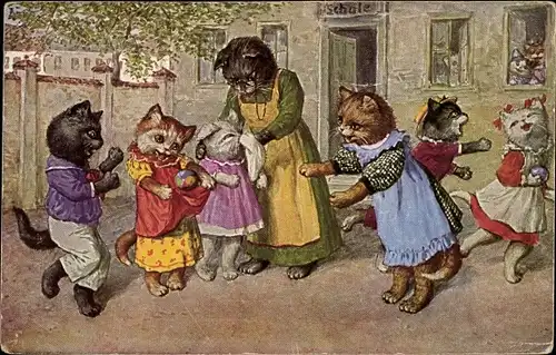 Künstler Ak Thiele, Arthur, Vermenschlichte Katzen, Schulpause, Schulklasse, Lehrerin