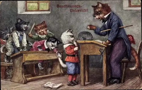 Künstler Ak Thiele, Arthur, Katzenschule, Lehrer, Maus im Käfig, Schüler