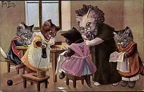 Künstler Ak Thiele, Arthur, Vermenschlichte Katzen, nähen, stricken, sticken, Großmutter