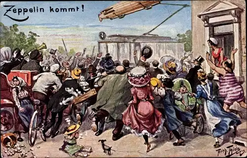 Künstler Ak Thiele, Arthur, Zeppelin kommt, Luftschiff, jubelnde Menge