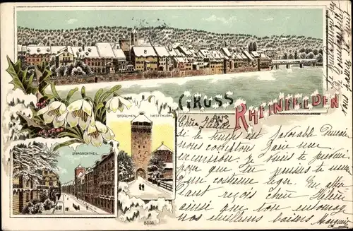 Winter Litho Rheinfelden Kanton Aargau Schweiz, Strochennestturm, Blick auf den Ort