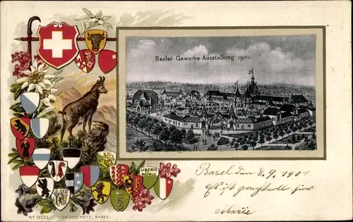 Präge Wappen Litho Bâle Basel Stadt Schweiz, Gewerbeausstellung 1901, Gemse, Edelweiß