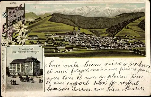 Litho Einsiedeln Kanton Schwyz Schweiz, Hotel Schweizerhof, Blick auf den Ort