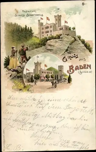 Litho Baden Kanton Aargau Schweiz, Restaurant Schloss Schartenfels