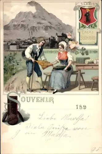 Litho Glarus, Vue de la Ville, Cacao Suchard, Frau und Mann in Trachten, Reklame