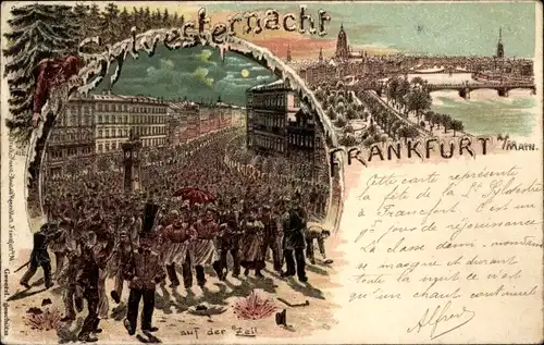 Winter Litho Frankfurt am Main, Glückwunsch Neujahr,Auf der Zeil, Stadtblick, Brücke, Silvesternacht