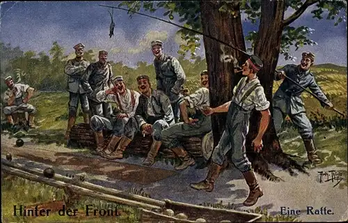 Künstler Ak Thiele, Arthur, Hinter der Front, Eine Ratte, Soldaten auf der Kegelbahn