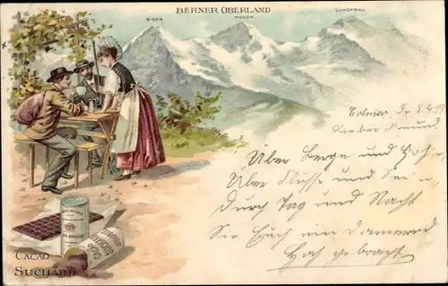 Litho Kt. Bern, Berner Oberland, Cacao Suchard Reklame, Trachten, Wanderer, Kellnerin