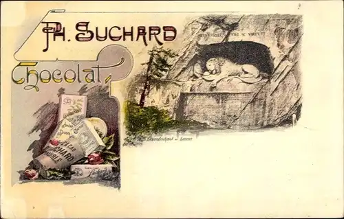 Litho Luzern Stadt Schweiz, Reklame, Ph. Suchard, Chocolat, Löwendenkmal