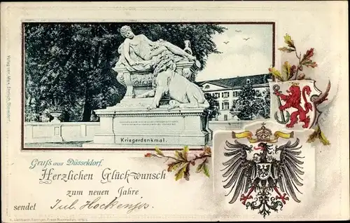 Präge Wappen Ak Düsseldorf am Rhein, Glückwunsch Neujahr, Kriegerdenkmal