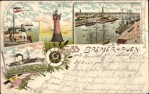 Litho Bremerhaven, Roter Sand Leuchtturm, Dampfer Najade, Norddeutscher Lloyd, Seemann, Hafen
