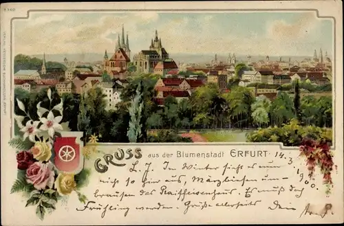 Litho Erfurt in Thüringen, Blick auf den Ort, Wappen, Rosen, Dom, Severikirche