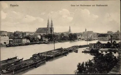 Ak Opole Oppeln Schlesien, Oder bei Hochwasser mti Stadtansicht