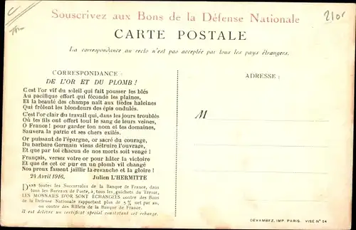 Ak Pour la France versez votre or, L'Or Combat pour la Victoire, Hahn, deutscher Soldat