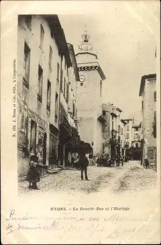Ak Nyons Drôme, La Grande Rue et l'Horloge