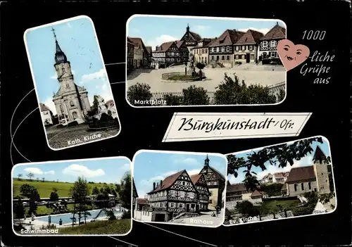 Ak Burgkunstadt am Main Oberfranken, Kirchen, Rathaus, Marktplatz, Schwimmbad
