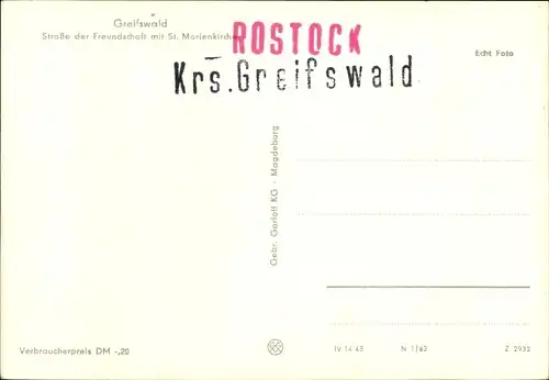 Ak Hansestadt Greifswald, Straße der Freundschaft mit St. Marienkirche