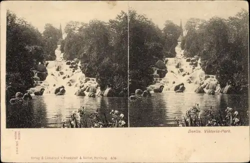 Stereo Ak Berlin Kreuzberg, Viktoriapark mit dem Wasserfall, Viadukt