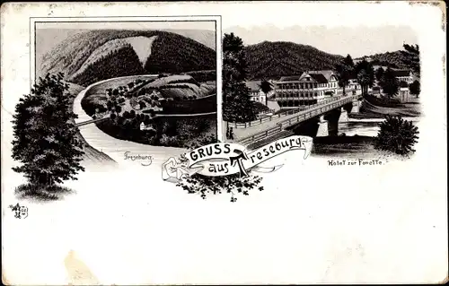 Litho Treseburg Thale im Harz, Gesamtansicht, Hotel zur Forelle