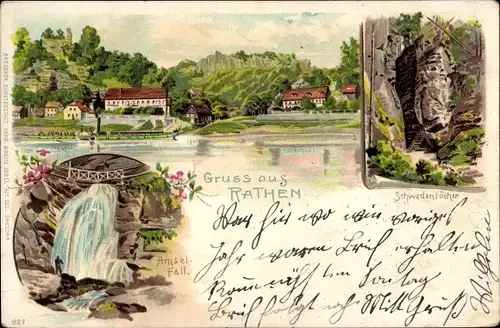 Litho Rathen an der Elbe Sächsische Schweiz, Amselfall, Schwedenlöcher